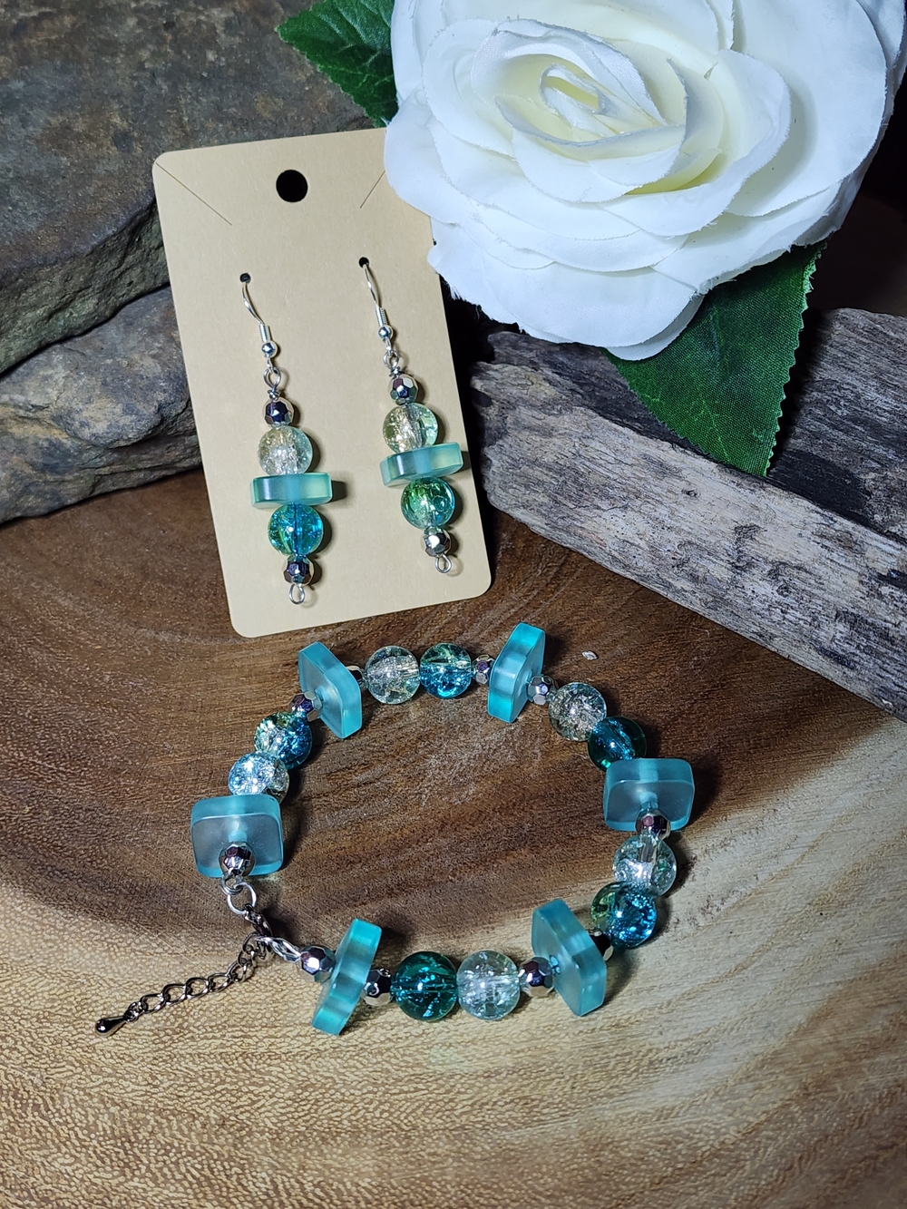 Hand Crafted Crackled Glass Teal Beaded Bracelet and Earring Set